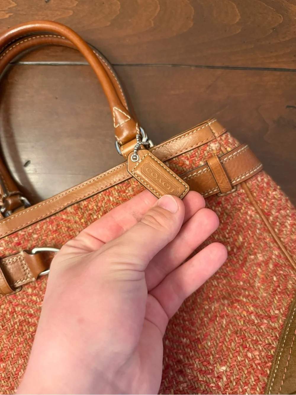 Coach Red Tweed and Brown Leather Top-Handle Satchel - Picture 4 of 15